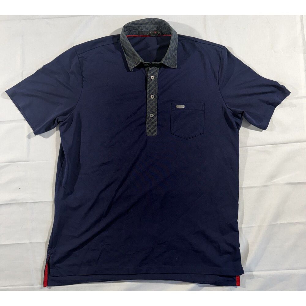 RLX Ralph Lauren Men's M Navy Plaid Trim Golf Polo Shirt Pocket Performance